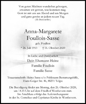 Anzeige von Anna-Margarete Foullois-Sasse von Westfälische Nachrichten