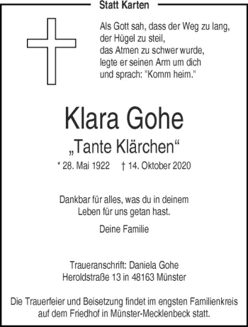Anzeige von Klara Gohe von Westfälische Nachrichten