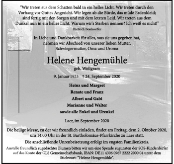 Anzeige von Helene Hengemühle von Westfälische Nachrichten
