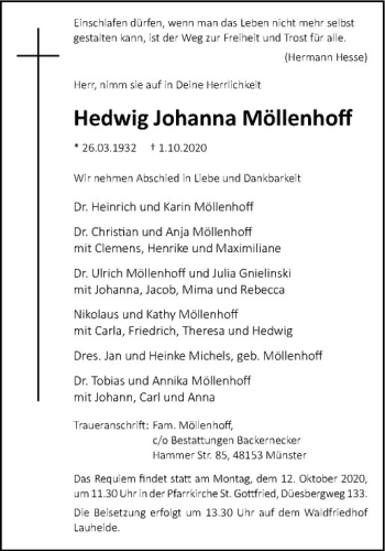 Anzeige von Hedwig Johanna Möllenhoff von Westfälische Nachrichten