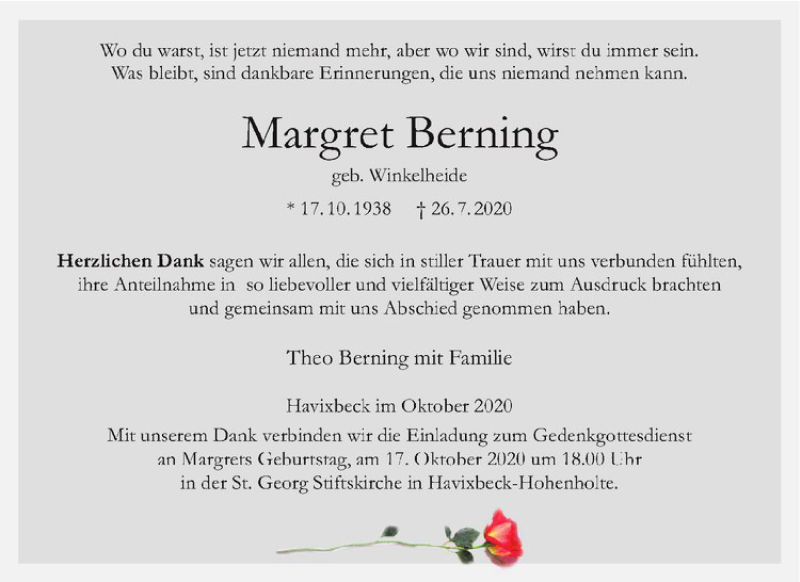  Traueranzeige für Margret Berning vom 02.10.2020 aus Westfälische Nachrichten