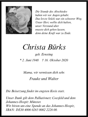 Anzeige von Christa Bürks von Westfälische Nachrichten
