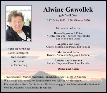 Anzeige von Alwine Gawollek von Westfälische Nachrichten