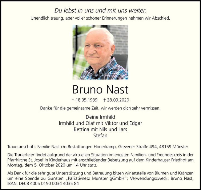  Traueranzeige für Bruno Nast vom 02.10.2020 aus Westfälische Nachrichten