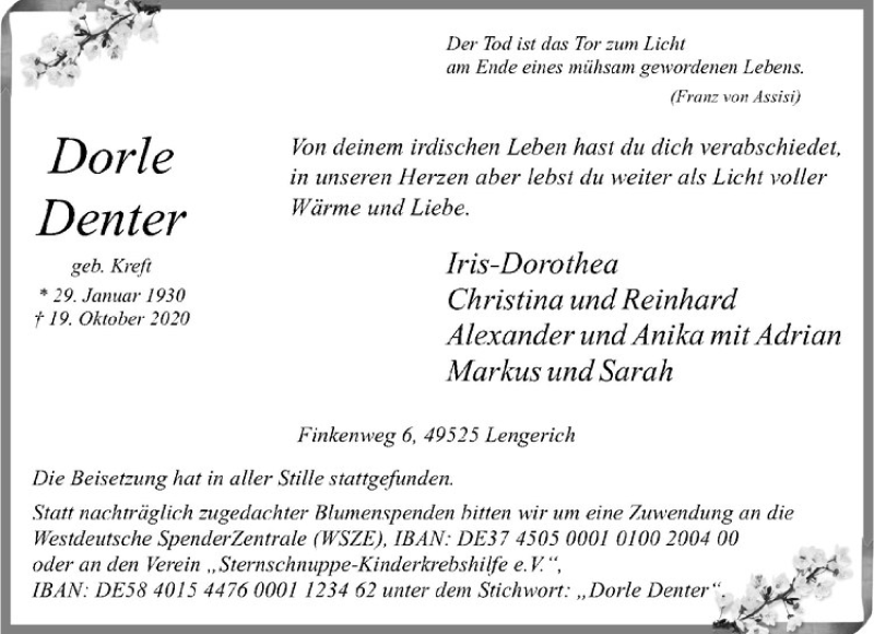  Traueranzeige für Dorle Denter vom 24.10.2020 aus Westfälische Nachrichten