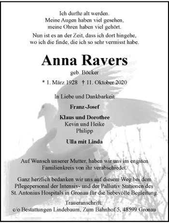 Anzeige von Anna Ravers von Westfälische Nachrichten