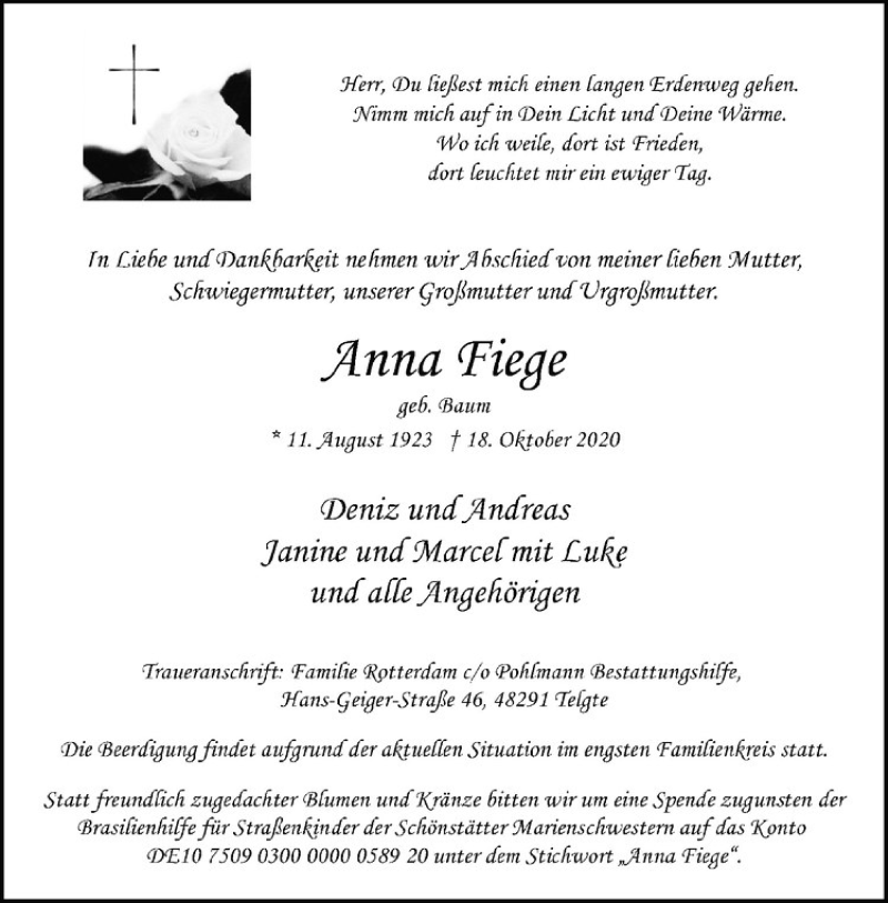  Traueranzeige für Anna Fiege vom 21.10.2020 aus Westfälische Nachrichten