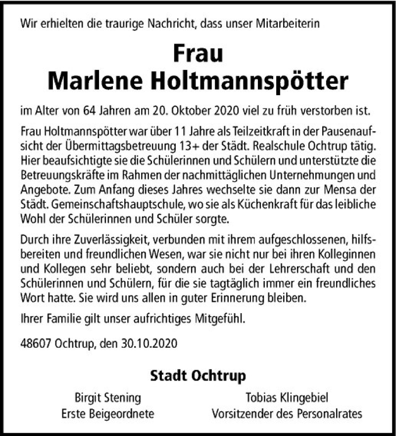  Traueranzeige für Marlene Holtmannspötter vom 30.10.2020 aus Westfälische Nachrichten