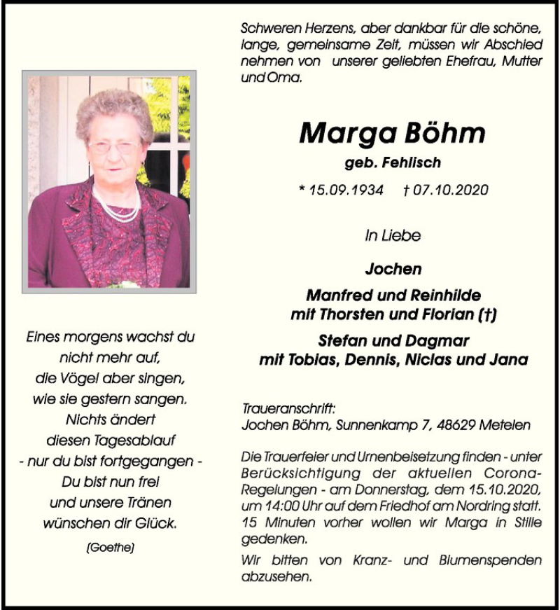  Traueranzeige für Marga Böhm vom 12.10.2020 aus Westfälische Nachrichten