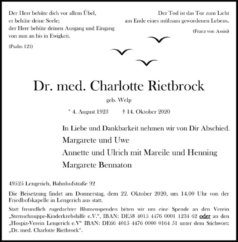  Traueranzeige für Charlotte Rietbrock vom 20.10.2020 aus Westfälische Nachrichten