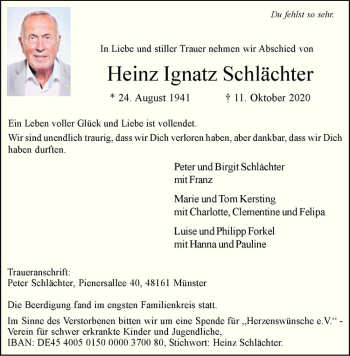 Anzeige von Heinz Ignatz Schlächter von Westfälische Nachrichten