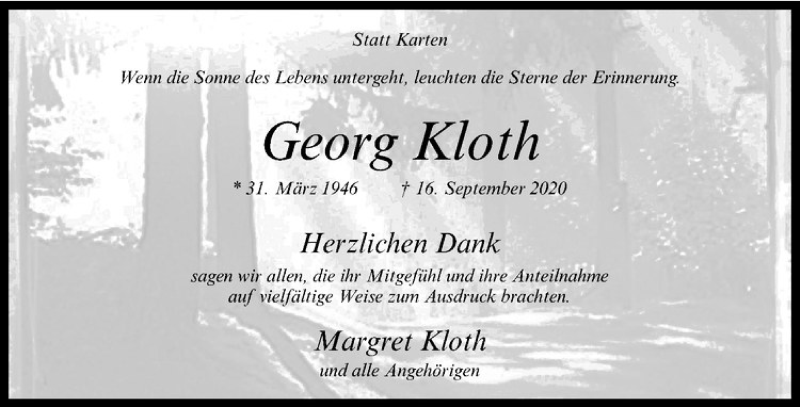  Traueranzeige für Georg Kloth vom 28.10.2020 aus Westfälische Nachrichten