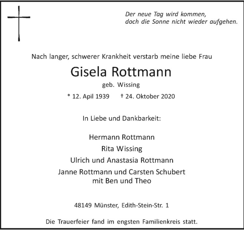  Traueranzeige für Gisela Rottmann vom 31.10.2020 aus Westfälische Nachrichten