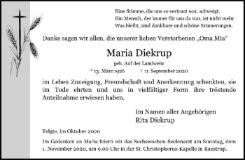 Anzeige von Maria Diekrup von Westfälische Nachrichten