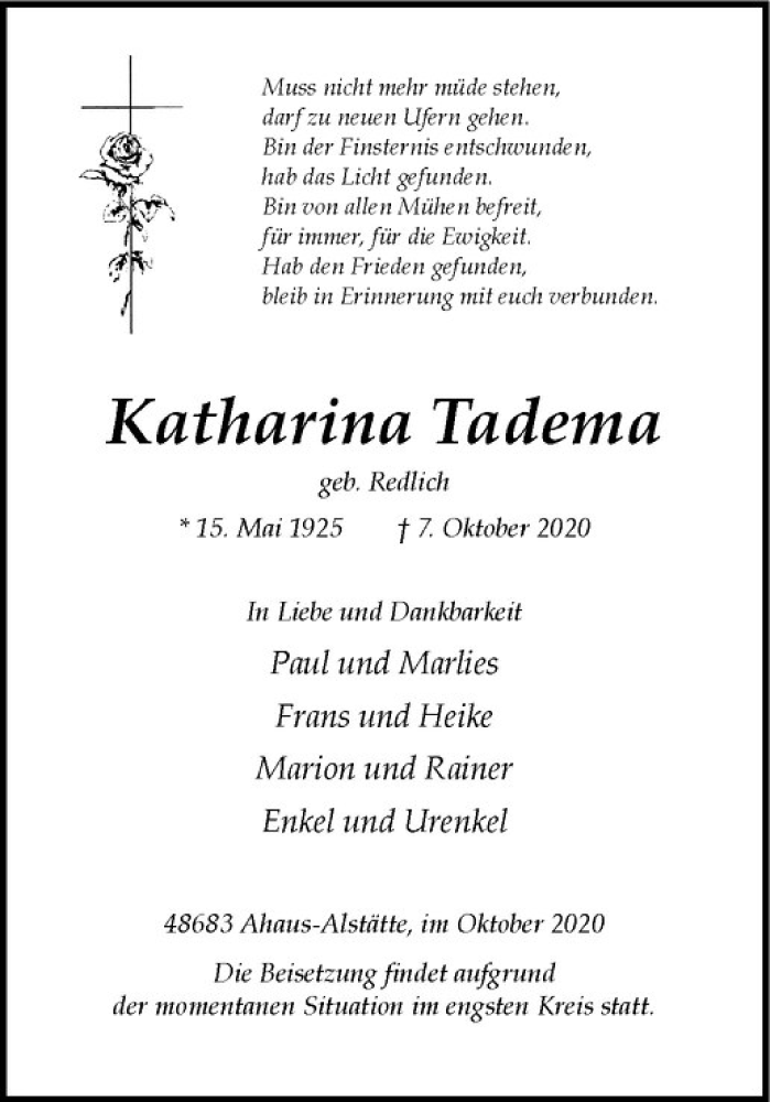  Traueranzeige für Katharina Tadema vom 09.10.2020 aus Westfälische Nachrichten