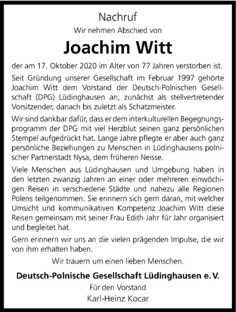  Traueranzeige für Joachim Witt vom 22.10.2020 aus Westfälische Nachrichten