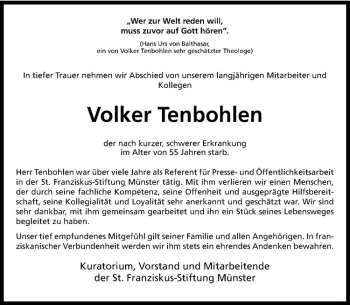 Anzeige von Volker Tenbohlen von Westfälische Nachrichten