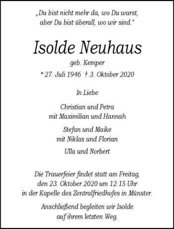 Anzeige von Isolde Neuhaus von Westfälische Nachrichten