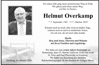 Anzeige von Helmut Overkamp von Westfälische Nachrichten