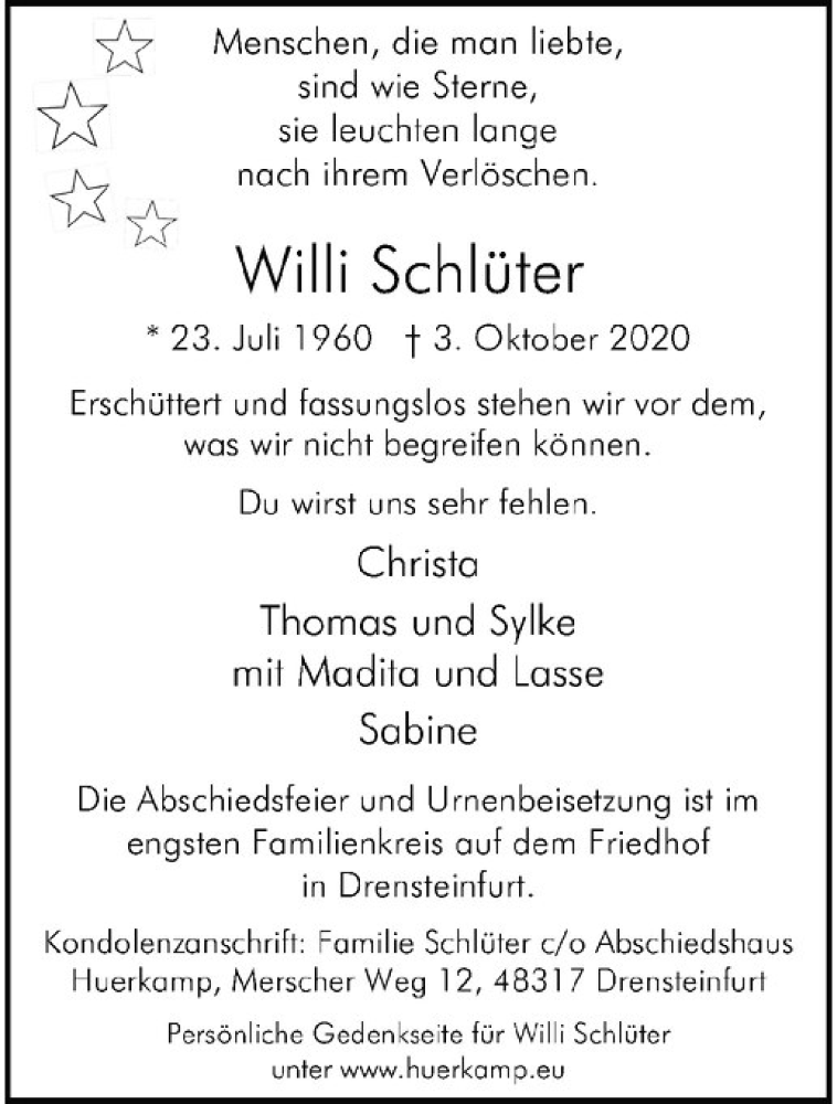  Traueranzeige für Willi Schlüter vom 06.10.2020 aus Westfälische Nachrichten