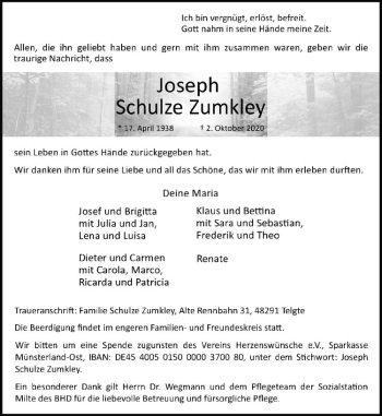 Anzeige von Joseph Schulze Zumkley von Westfälische Nachrichten