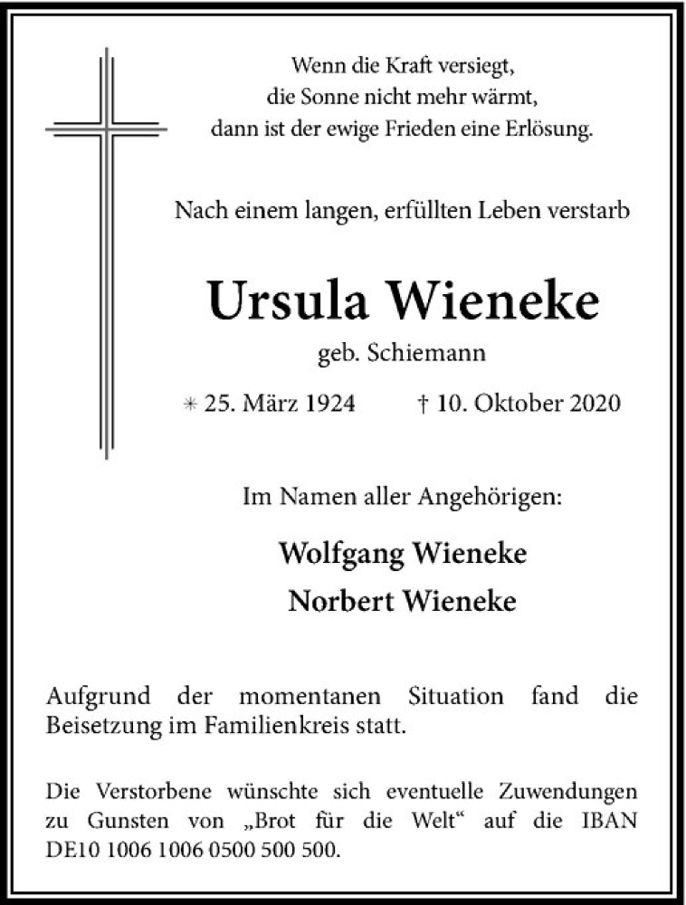  Traueranzeige für Ursula Wieneke vom 21.10.2020 aus Westfälische Nachrichten