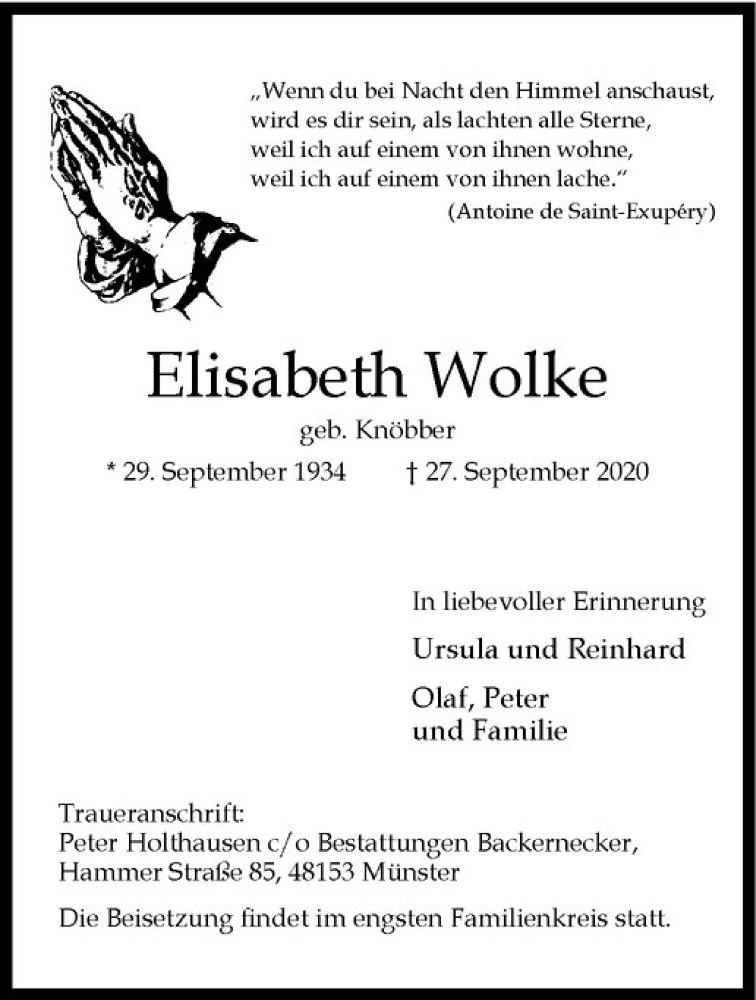  Traueranzeige für Elisabeth Wolke vom 10.10.2020 aus Westfälische Nachrichten