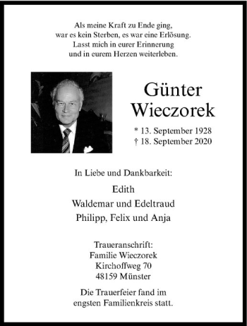 Anzeige von Günter Wieczorek von Westfälische Nachrichten