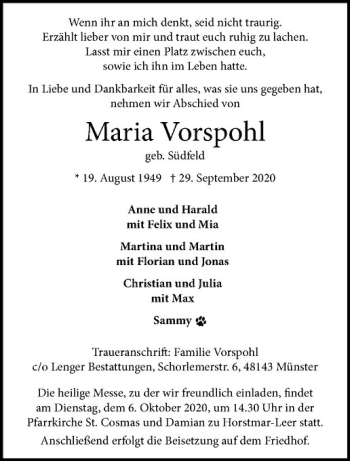Anzeige von Maria Vorspohl von Westfälische Nachrichten