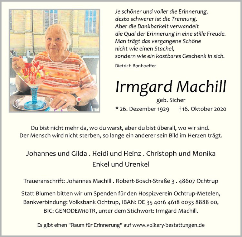 Traueranzeige für Irmgard Machill vom 20.10.2020 aus Westfälische Nachrichten