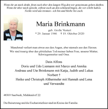 Anzeige von Maria Brinkmann von Westfälische Nachrichten