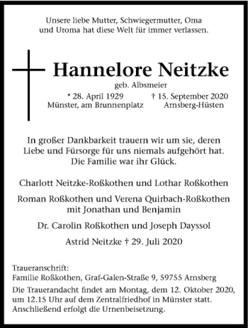 Anzeige von Hannelore Neitzke von Westfälische Nachrichten
