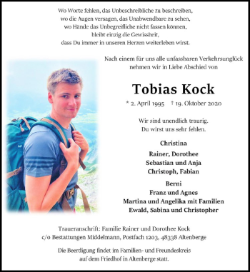 Anzeige von Tobias Kock von Westfälische Nachrichten