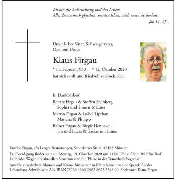 Anzeige von Klaus Firgau von Westfälische Nachrichten
