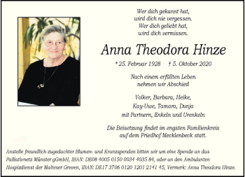 Anzeige von Anna Theodora Hinze von Westfälische Nachrichten