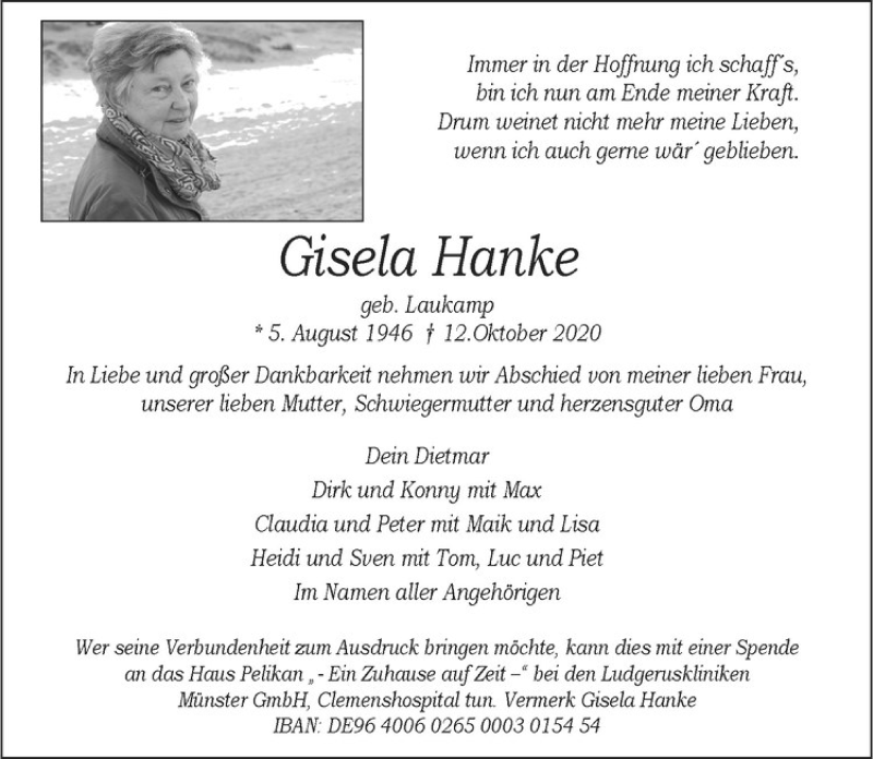 Traueranzeige für Gisela Hanke vom 17.10.2020 aus Westfälische Nachrichten