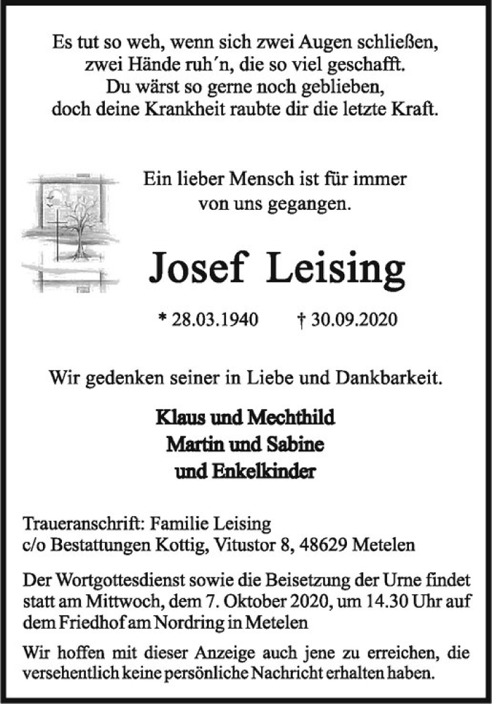  Traueranzeige für Josef Leising vom 05.10.2020 aus Westfälische Nachrichten