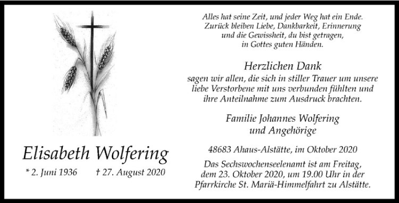  Traueranzeige für Elisabeth Wolfering vom 20.10.2020 aus Westfälische Nachrichten