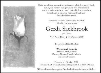 Anzeige von Gerda Sackbrock von Westfälische Nachrichten