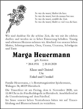 Anzeige von Marga Heuermann von Westfälische Nachrichten