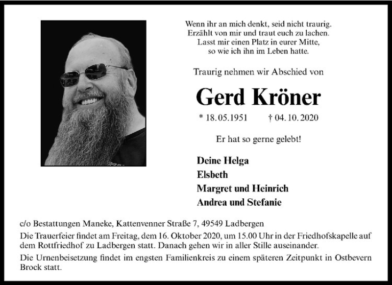  Traueranzeige für Gerd Kröner vom 14.10.2020 aus Westfälische Nachrichten