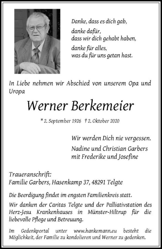  Traueranzeige für Werner Berkemeier vom 10.10.2020 aus Westfälische Nachrichten