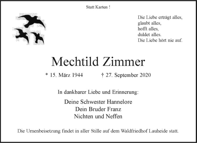  Traueranzeige für Mechtild Zimmer vom 03.10.2020 aus Westfälische Nachrichten