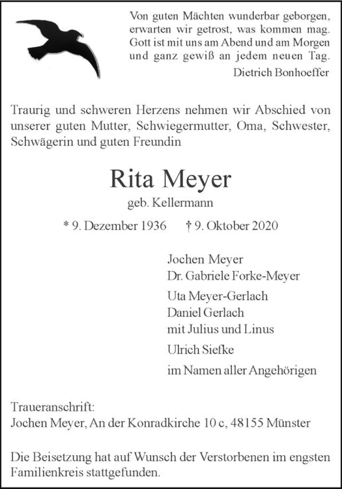  Traueranzeige für Rita Meyer vom 17.10.2020 aus Westfälische Nachrichten