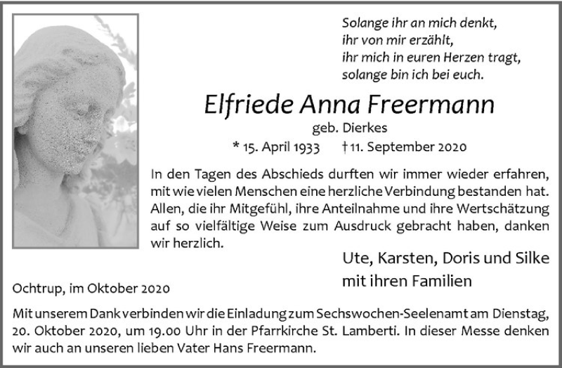  Traueranzeige für Elfriede Anna Freermann vom 16.10.2020 aus Westfälische Nachrichten