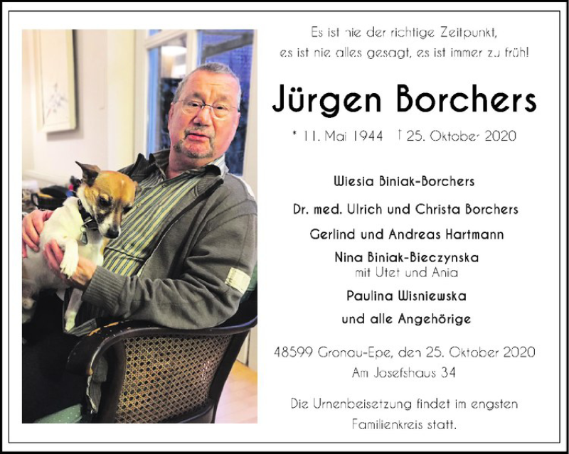  Traueranzeige für Jürgen Borchers vom 31.10.2020 aus Westfälische Nachrichten