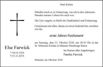 Anzeige von Else Farwick von Westfälische Nachrichten