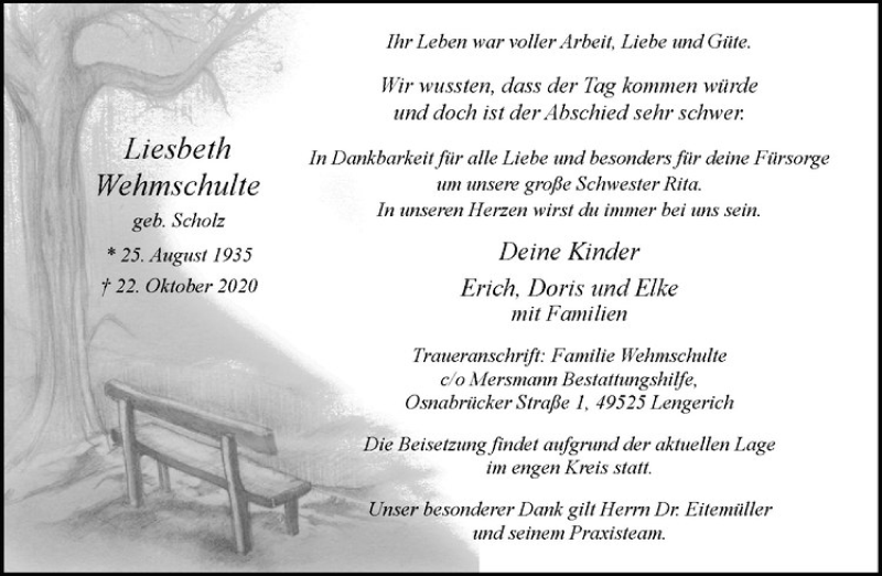 Traueranzeige für Liesbeth Wehmschulte vom 24.10.2020 aus Westfälische Nachrichten