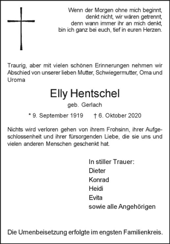 Anzeige von Elly Hentschel von Westfälische Nachrichten