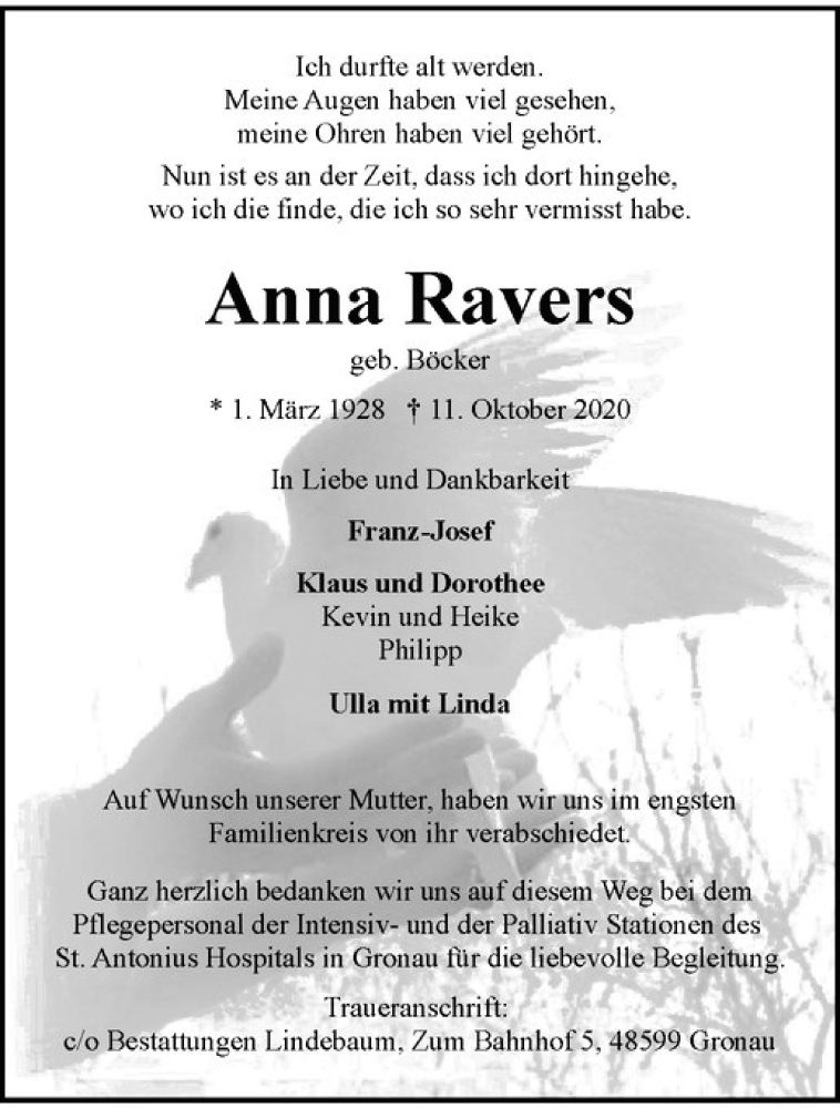  Traueranzeige für Anna Ravers vom 21.10.2020 aus Westfälische Nachrichten
